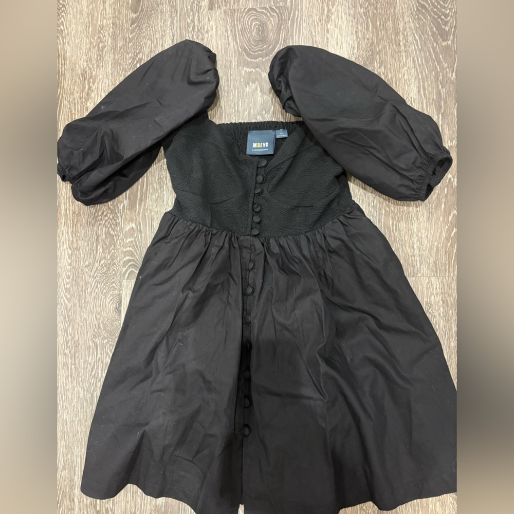 Maeve by Anthropologie Black Textured Button Dress Puff Sleeve Size Small